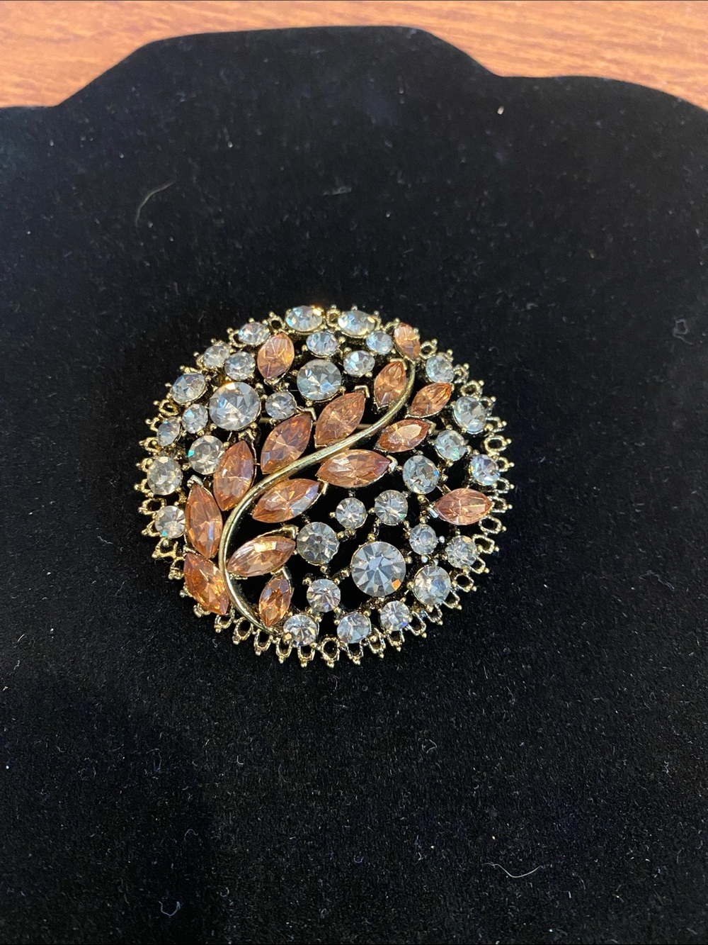 Gold-Tone Round Crystal Leaf Brooch - Champagne and Clear
